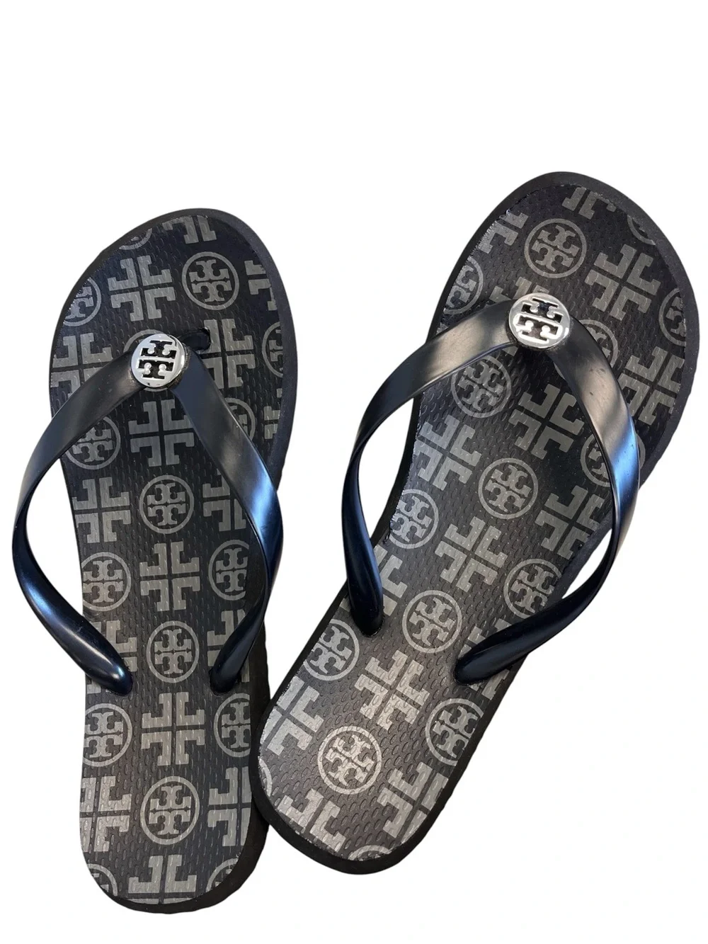 Tory Burch Black Gray Monogram Double T Medallion Thong Flip Flop